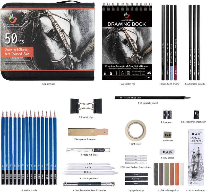 hb+ 50 Pack Drawing Set Sketching Kit, Pro Art Supplies with 3-Color Sketchbook, Include Colored, Graphite, Charcoal, Watercolor & Metallic Pencil, for Artists Adults Beginner - Image 2